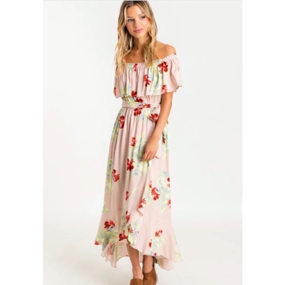 Lush GENEVIVE Floral Ruffle Off Shoulder Tie Waist Midi Dress